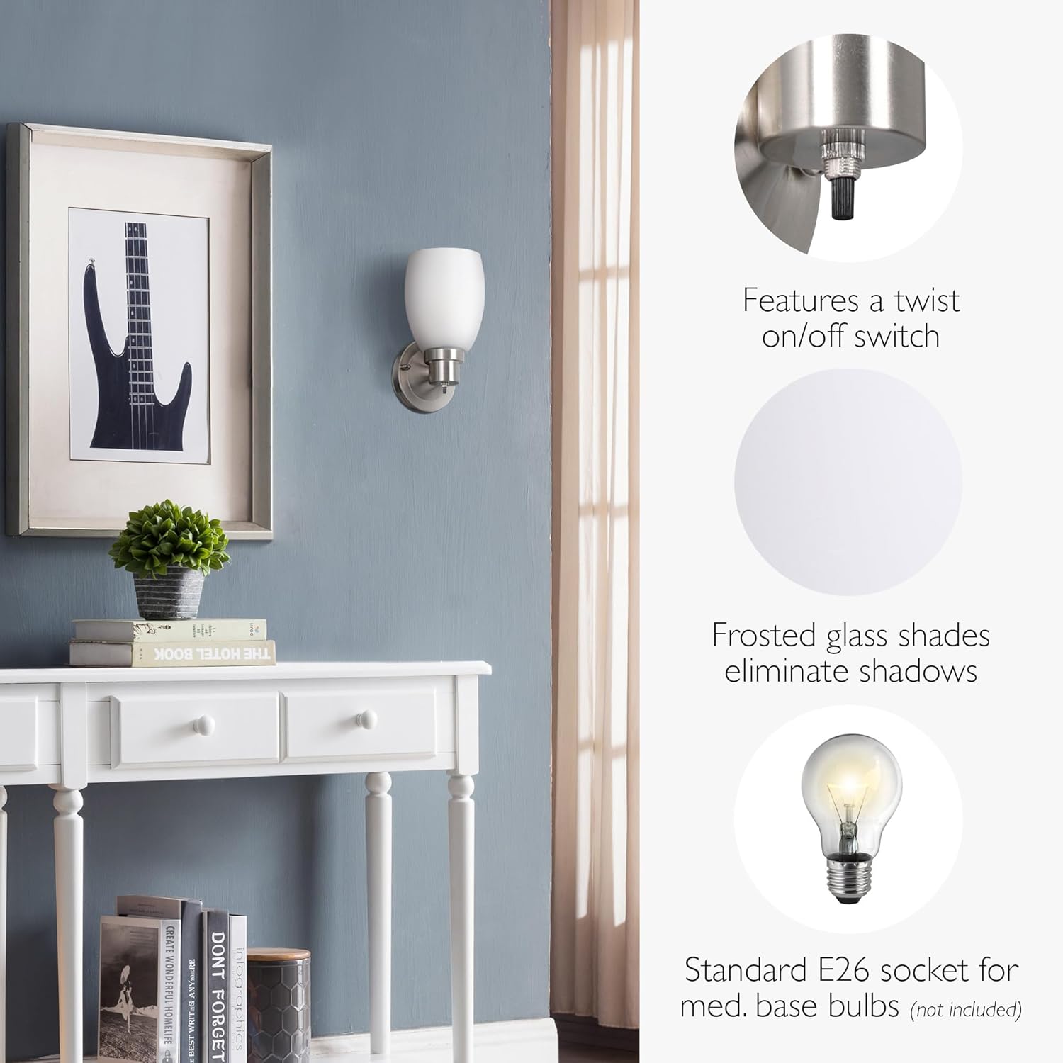 Design House Lydia Wall Sconce, 1 Light, Frosted Glass, Dimmable, Twist On/Off Switch, Satin Nickel, 4.88 in x 5.125 in x 9.75 in, 588814-SN