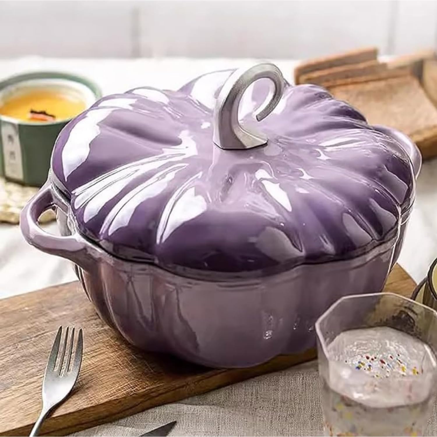 Horno holandés de calabaza, olla de hierro fundido esmaltado con tapa y asas dobles, olla profunda antiadherente para decoración de Halloween y Acción de Gracias, 20 cm