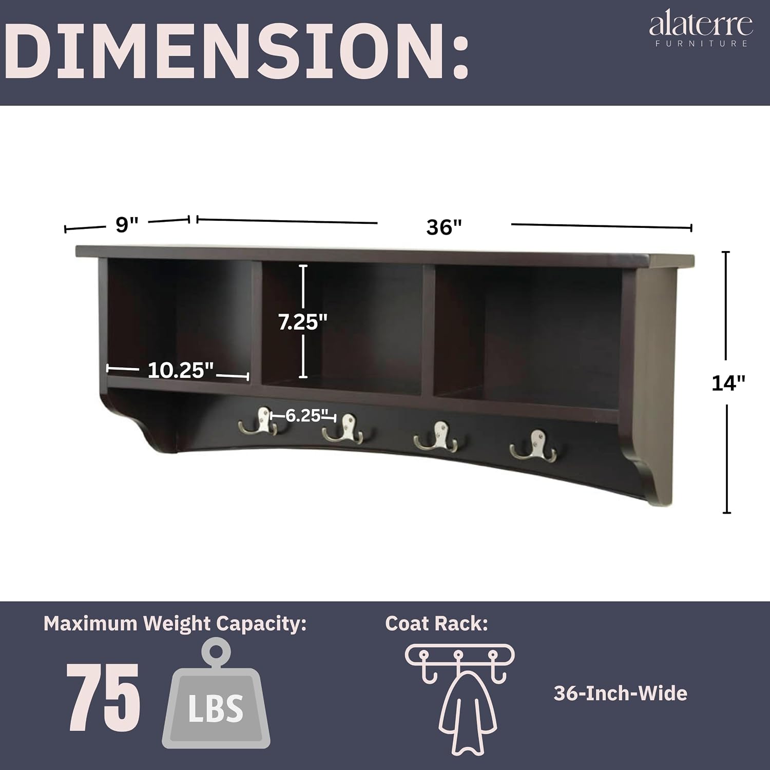 Shaker Cottage Wall-Mounted Coat Rack with 3 Storage Cubbies and Hooks – Hanging Wall Organizer for Entryway, Mudroom, or Hallway, Space-Saving Wall Shelf, 36" W x 9" D x 14" H (Chocolate Finish)