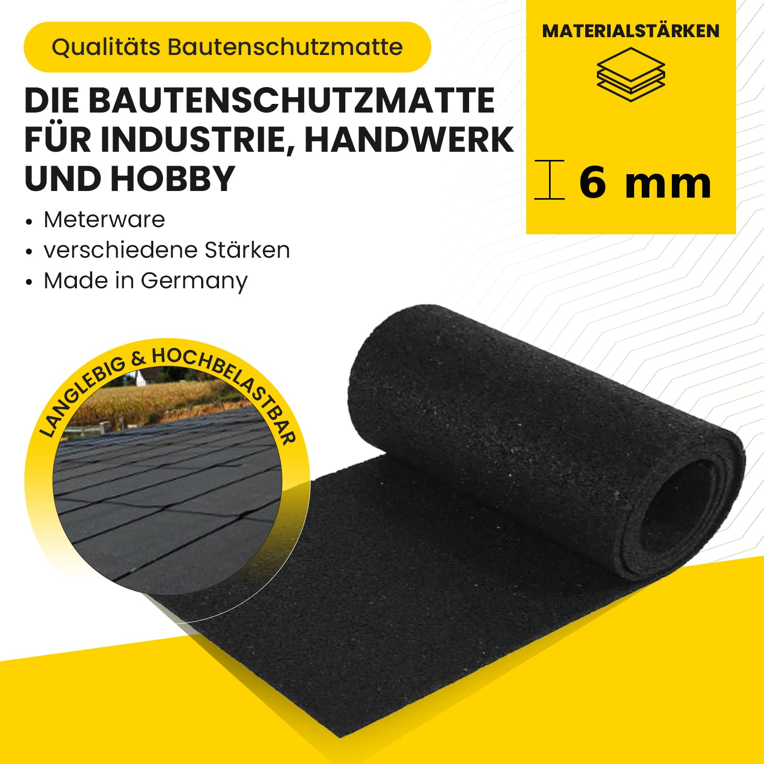 GMP Bautenschutzmatte 6 mm x 30 cm x 9 m | Terassenpad Rolle | Unterleger Gerüstbau | Unterkonstruktion WPC, Fliesen, Dielen | Verschiedene Größen | Gummigranulat