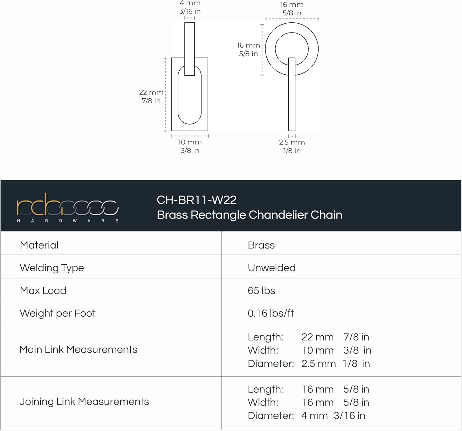 RCH Hardware CH-11-AD-3 Decorative Solid Brass Chain for Hanging, Lighting-Rectangular Square Edge with Circular Connecting Rings and Unwelded Links (3 ft/1 Yard)