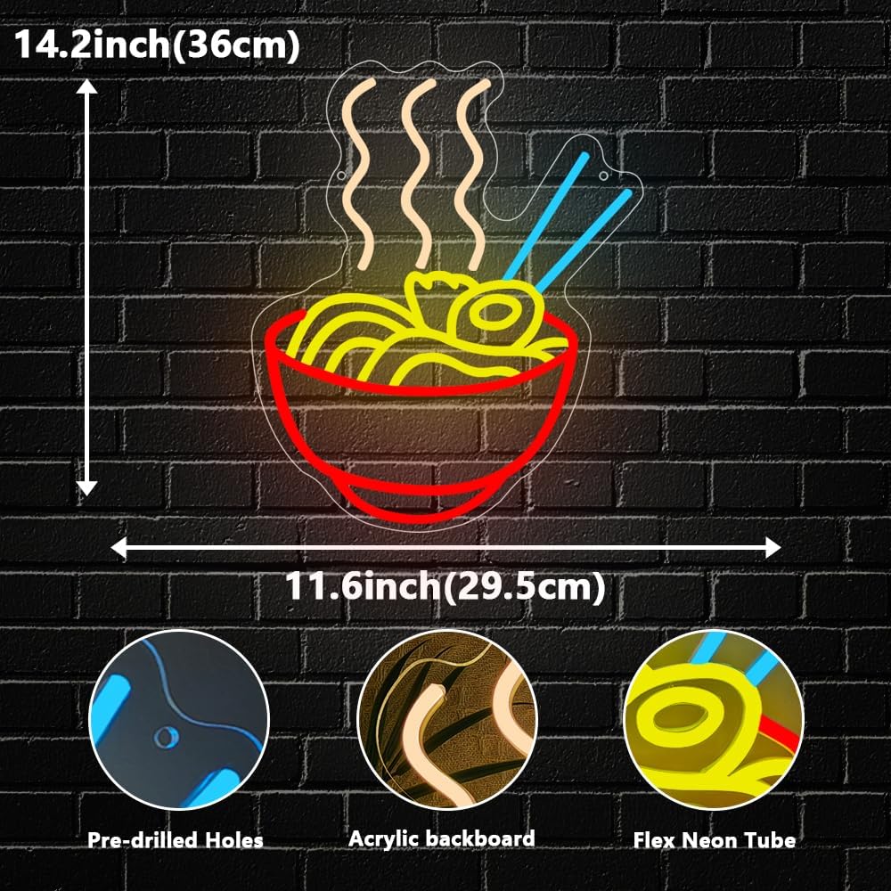 Ramen Neon Sign, Japanese Anime Led Neon Lights for Wall Decor Noodle Neon Signs for Restaurant Ramen Shop Store Kitchen Home Dinning Room USB Powered(14.2"*11.6")