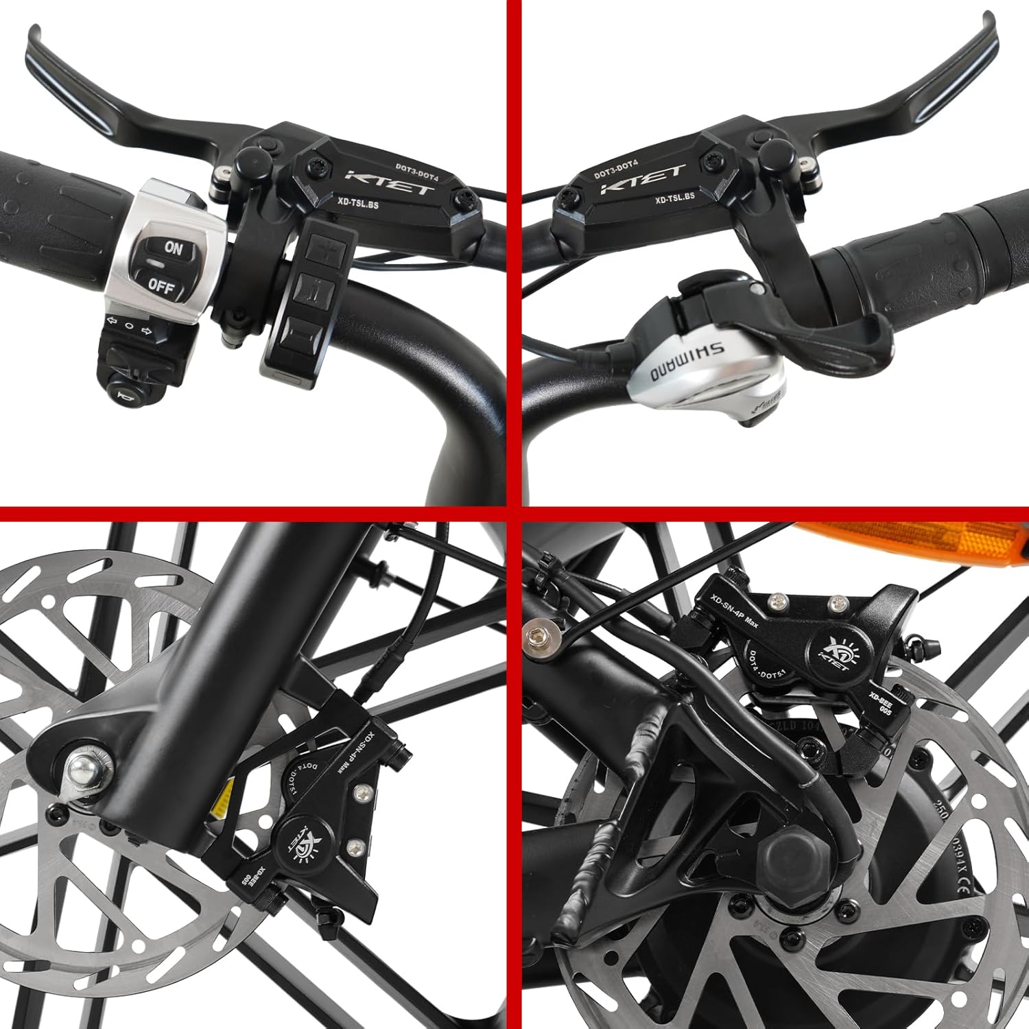 4 Piston Hydraulic Brakes for Ebike: 2 PIN Waterproof Power-Off Connector, Pre-Bleed Filled with DOT 4 Brake Fluid Brake Kit - 180mm 2.75mm Thickened Rotor (Black, 4 Piston)