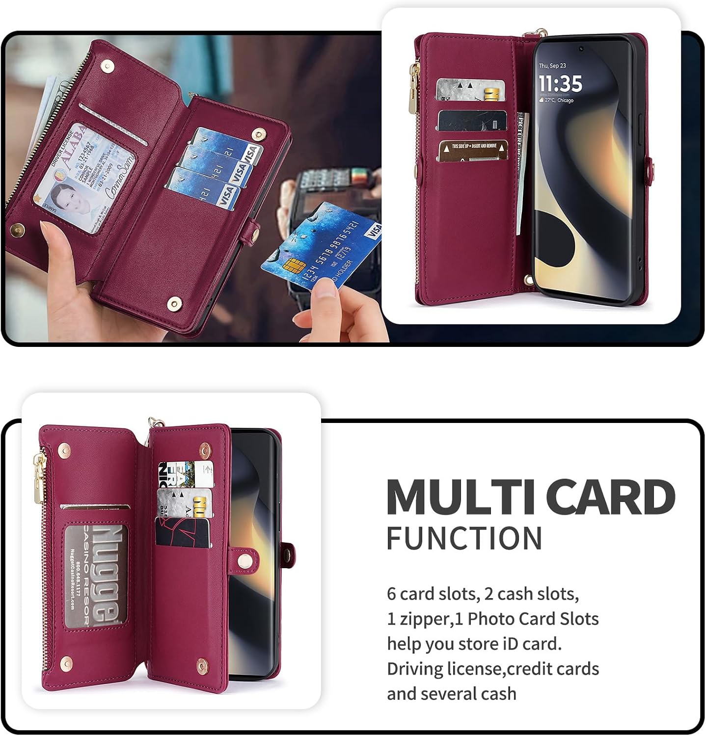 Asuwish Phone Case for Motorola Edge 5G 2024 Wallet Zipper Cover with Tempered Glass Screen Protector and Wrist Strap Card Holder Slot Flip Mobile Stand Cell Accessories Moto Edge2024 Women Wine Red