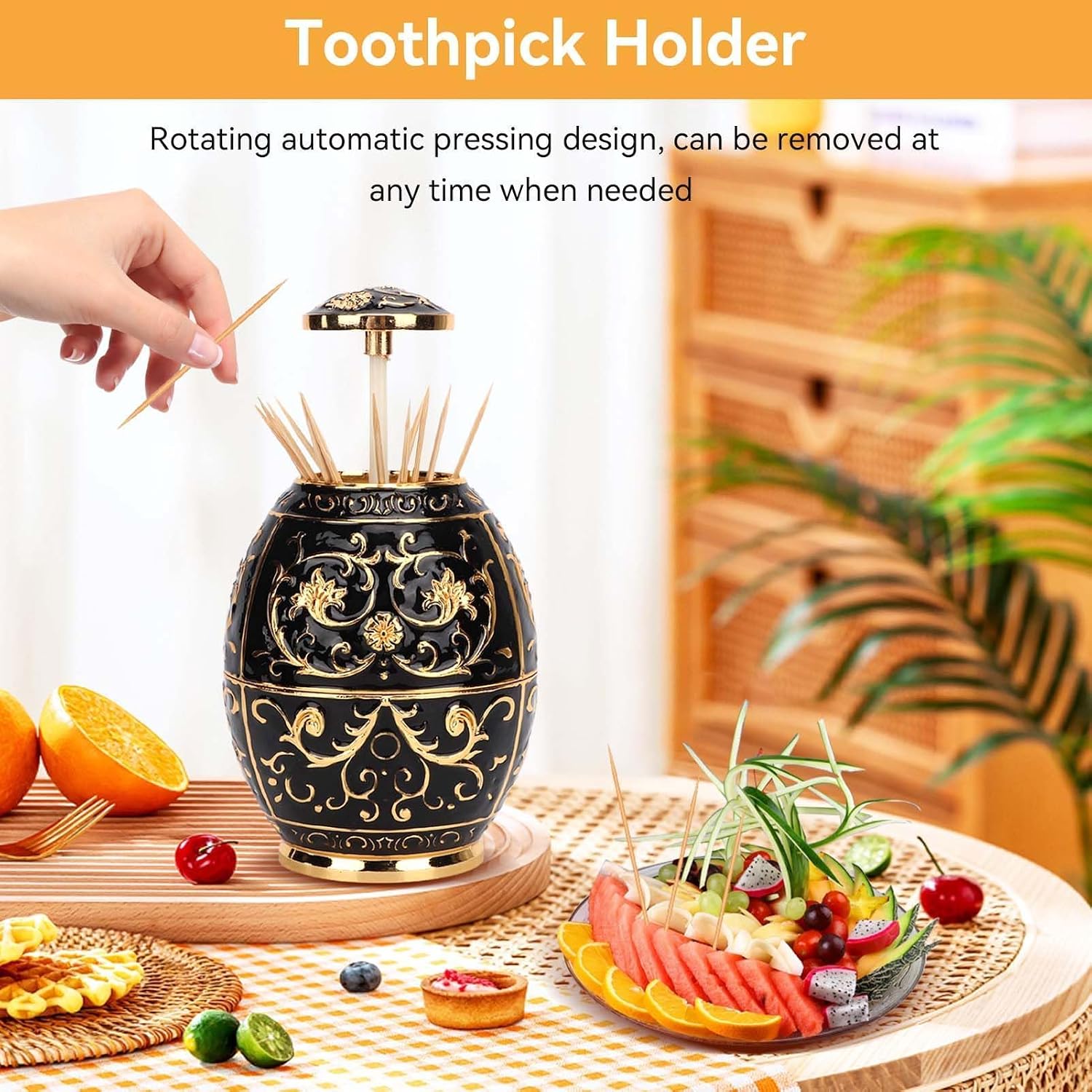 Retractable Toothpick Holder Portable Toothpick Dispenser Hand Push Toothpicks Case Automatic Retro Pop up Toothpicks Storage Organizer Container for Kitchen Home Restaurant Decoration(Gold+Black)
