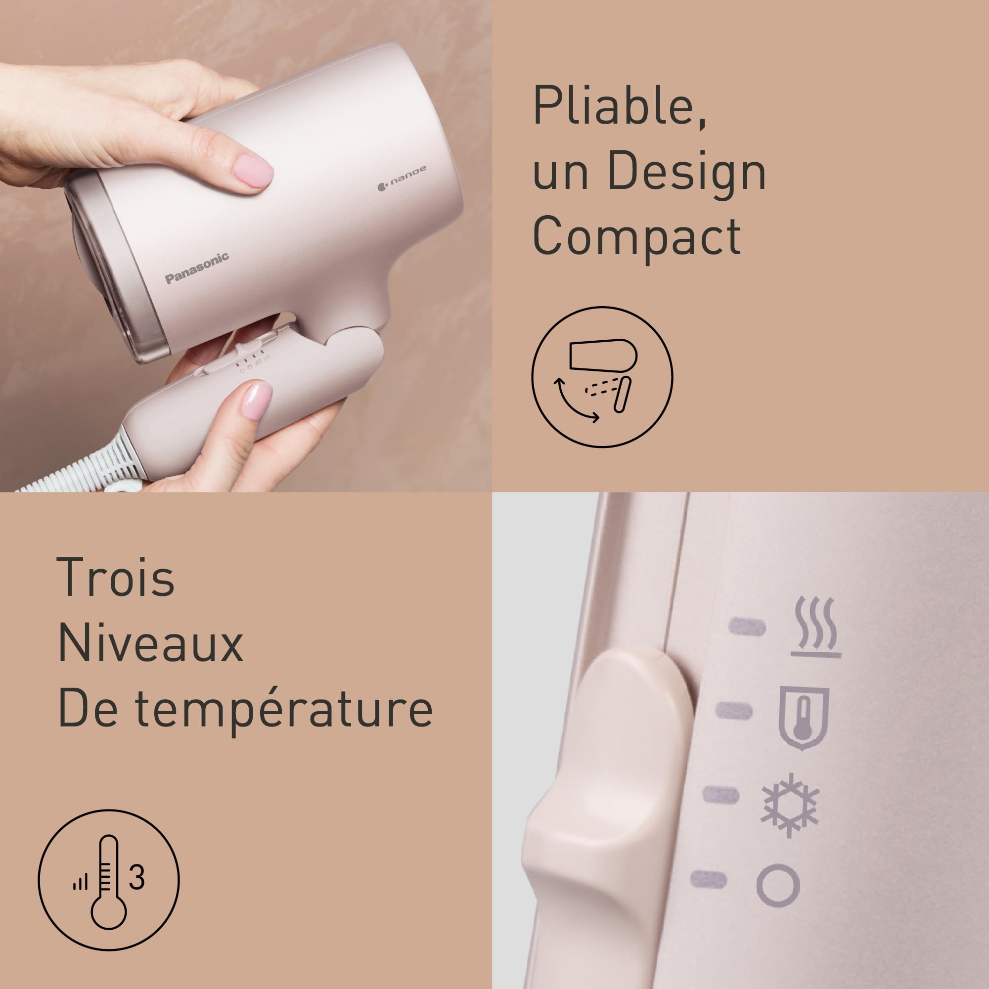 Panasonic EH-NA7M-P825 Sèche-Cheveux Nanoe pour des Cheveux Brillants, Design Pliable, Séchage Rapide, Accessoire Concentrateur, 1600W, Rose Clair