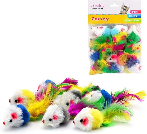 pawstrip Juguetes de ratón para gatos, 12 unidades, ratones de sonajero para gatos de interior, plumas peludas, ratón falso, juego interactivo,