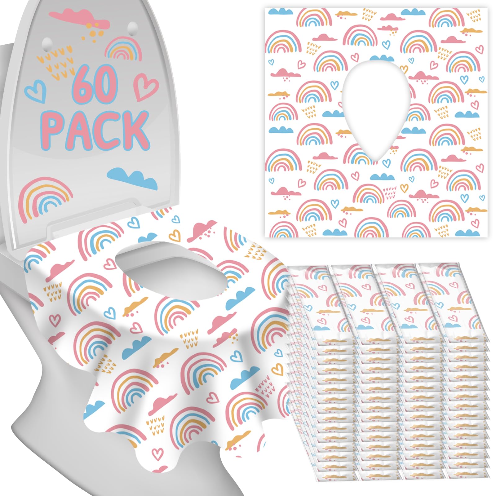 Fundas desechables para asiento de inodoro para niños y adultos, protegen de los inodoros públicos mientras entrenas o viajas, extragrandes, impermeables, portátiles, arcoíris rosa (paquete de 60)