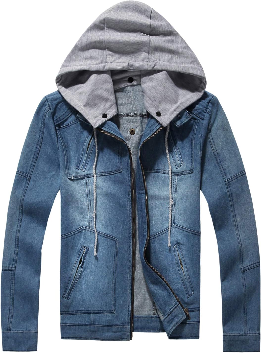 Flygo Men's Casual Full Zip Moto Denim Jean Jacket Coat with Detachable Hooded (Blue, X-small)