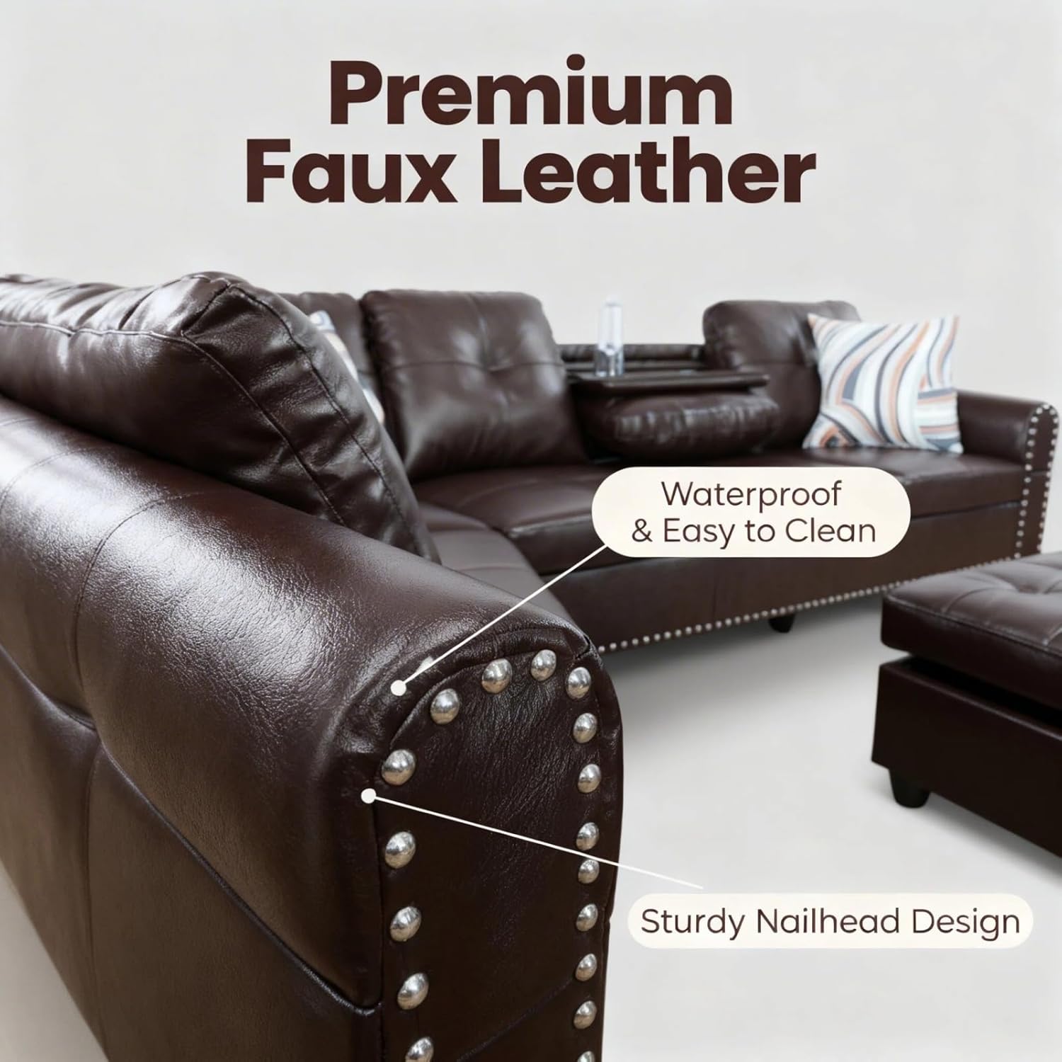 97.5 inch L-Shape Sofa with Storage Ottoman & Reversible Coffee Table, Leather Sectional Couch with Left Chaise, Modern 3-Piece Sofa Set, Upholstered Couch Set with Solid Wood Frame, Brown