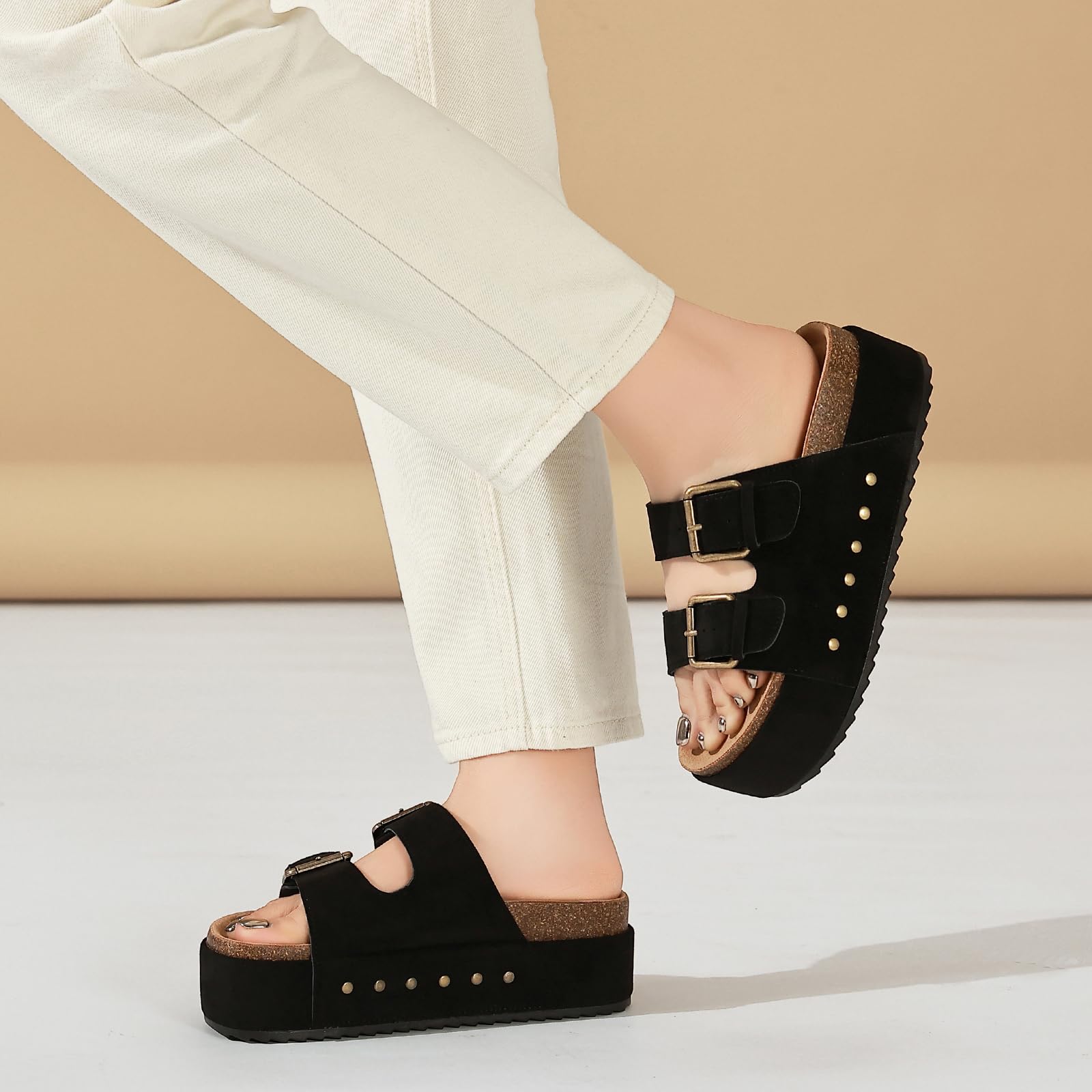 Foinledr Ciabatte Donna Estive Sandali Sughero Plantare Doppia Fibbia Moda Mules Clogs Sandali Antiscivolo Gomma Suole Pantofole Spiaggia Scarp Comfort da Casa