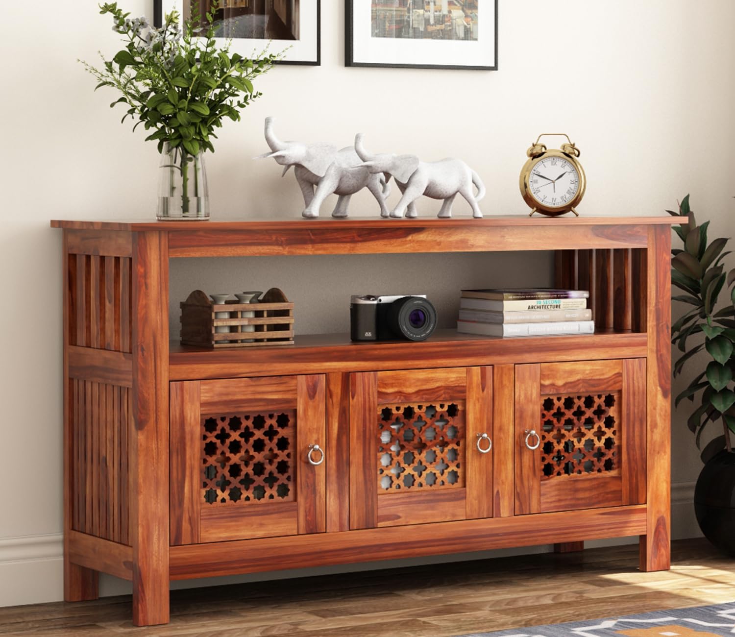 Solid Sheesham Wood Wooden Cabinet Sideboard with 6 Shelves and 3-Door Storage (Design 3)-picture-15