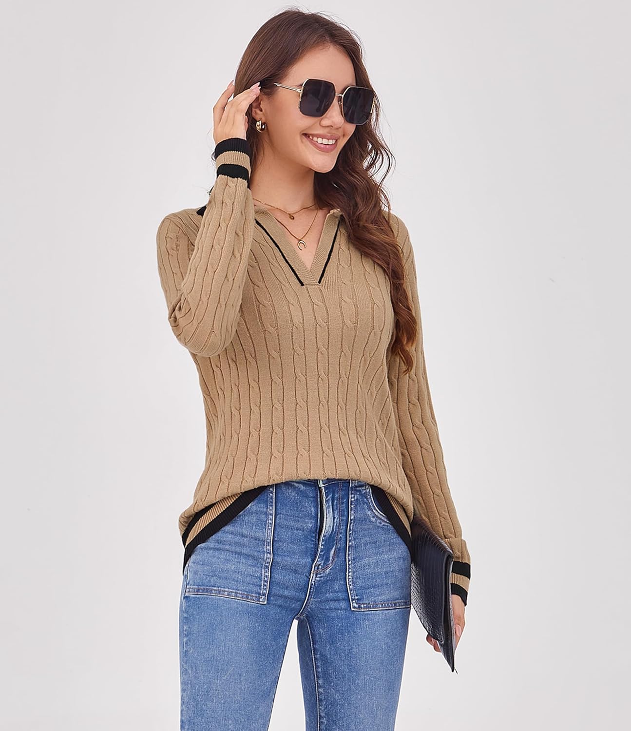 Arolina Womens Cable Knit Sweaters Long Sleeve V Neck Pullover Tops Casual Lightweight Polo Sweater Fashion Fall Outfits - Image 3