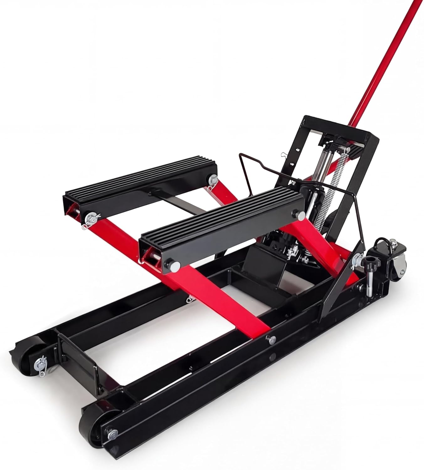 1500LBS/680KG Hydraulic Motorcycle ATV Lift Jack with 3-Position Safety Lock, Foot Pedal, Low Profile & Swivel Casters, Heavy Duty Steel for Garage Maintenance