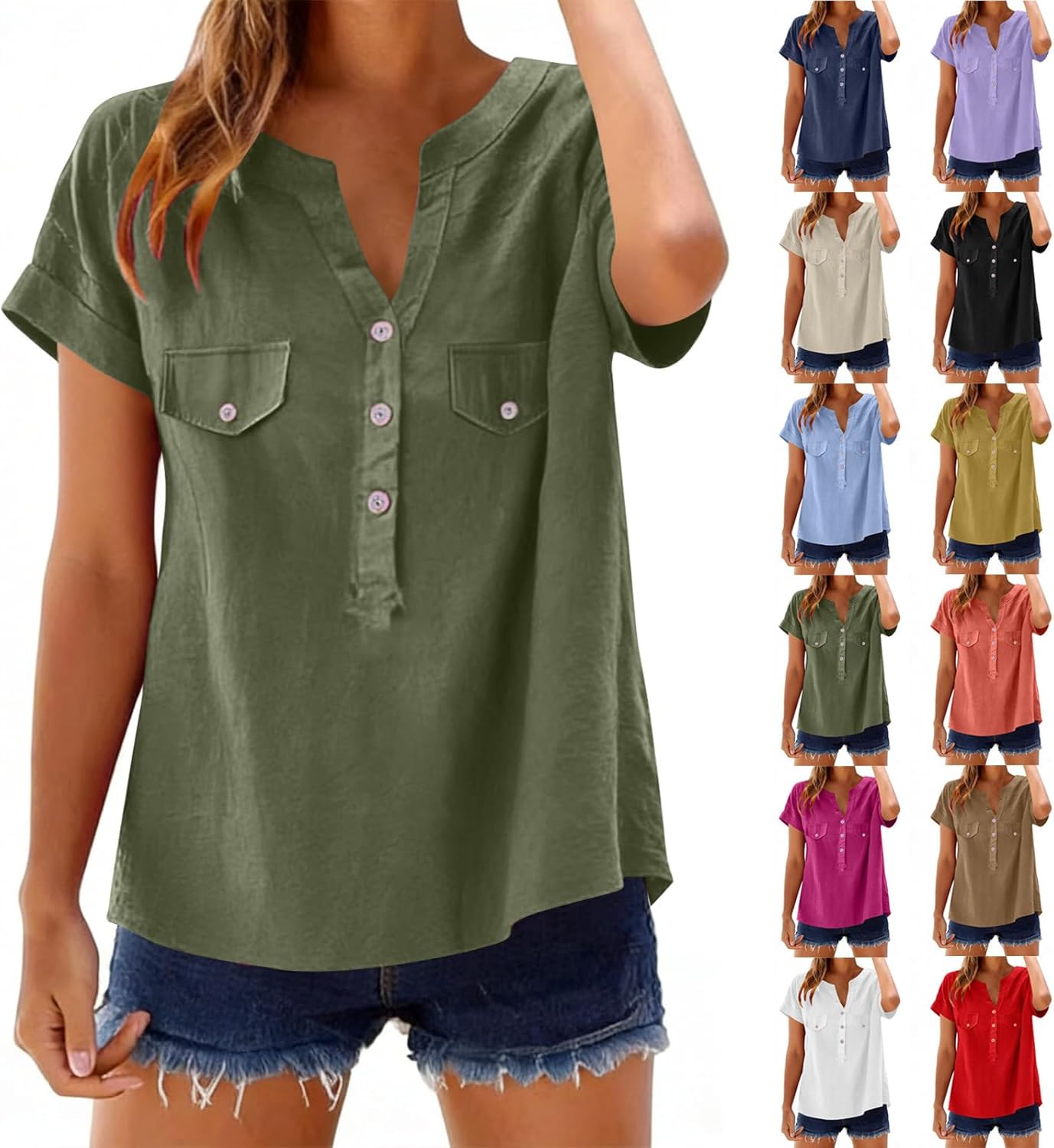 Womens Cotton Linen Shirts V Neck Short Sleeve Blouses Loose Collared Button Down Shirt Casual Comfort Work Tops