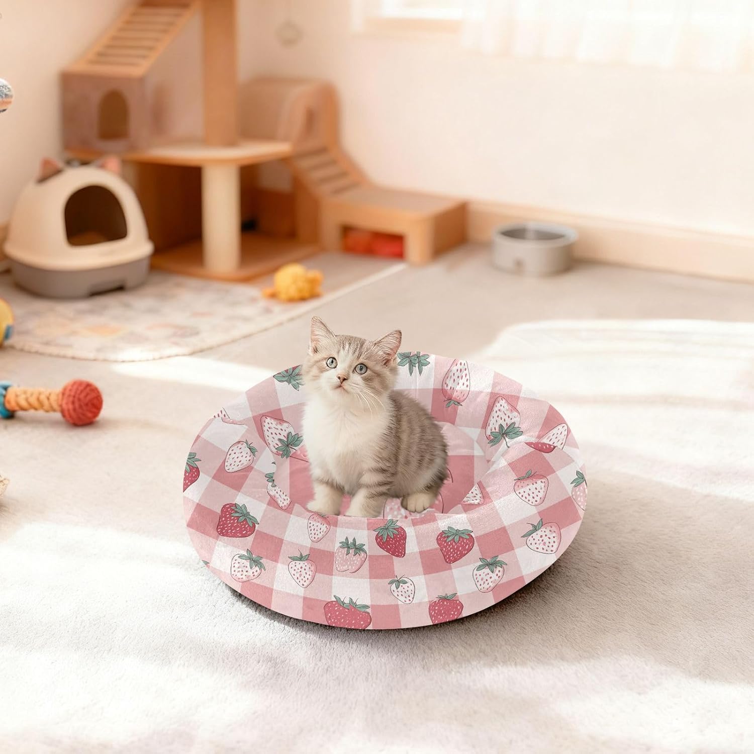 Wudan Pet Cat Beds Removable & Washable Fluffy Dog Pillow Bed for Extra Small Size Pets Sleeping M Strawberries on Pink and White Checker