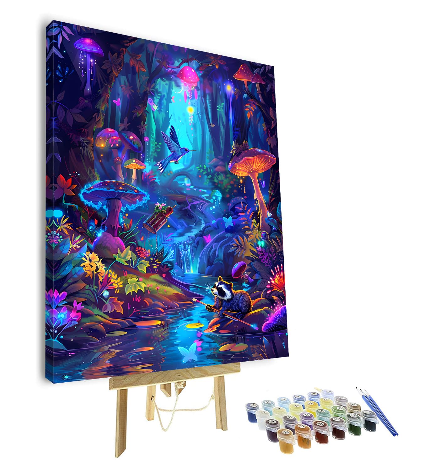 TISHIRON Forest Paint by Numbers for Adults, Fantasy Mushrooms DIY Acrylic Paint by Numbers Canvas Kits for Gift Home Wall Decor, Raccoon Oil Painting for Adults Beginners 16"x20"(Framed)