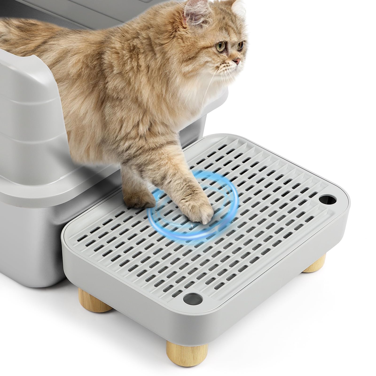 Scala per gatto rialzata, gradini per lettiera con piedini in legno, pedale di filtraggio per lettiera per gatti, ideale per gattini e gatti anziani (Grigio chiaro)