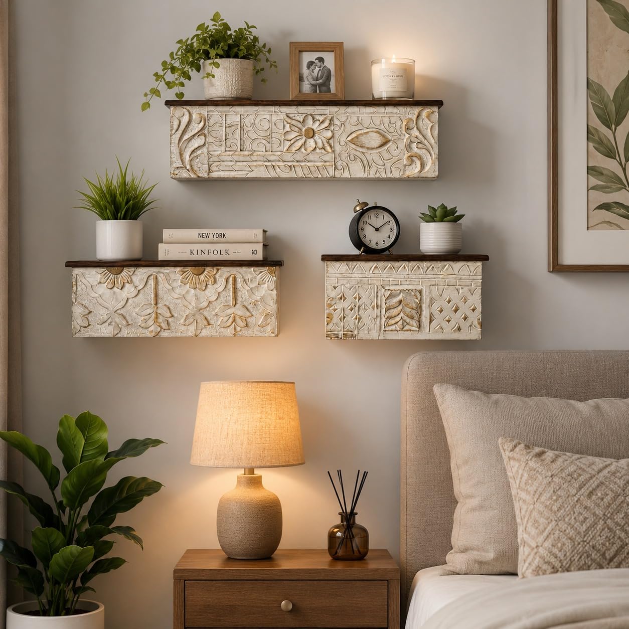 floating wall shelf set of 3, hand carved wooden bracket shelves for wall decor, rustic display shelves mount, storage shelf for living room, bedroom, bathroom, kitchen & entryway