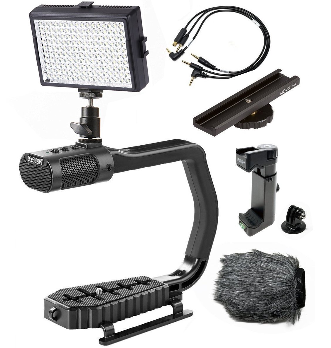 Movo + Sevenoak Micrig U Grip Handle with Built-in Stereo Microphone, LED Light, and Camera Accessories - Stabilizer for Camera, Smartphones, and GoPro Action Cameras