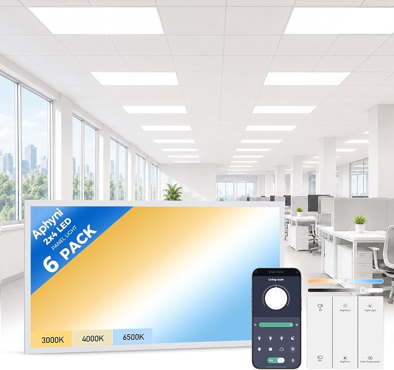 Paquete de 6 luces LED de panel plano 2x4, 70W 9310Lm con interruptor inalámbrico | Control de aplicación, 3000K/4500K/6500K, 10%-100% regulable, 120-277V, cocina, uso comercial, luz de techo LED 2x4