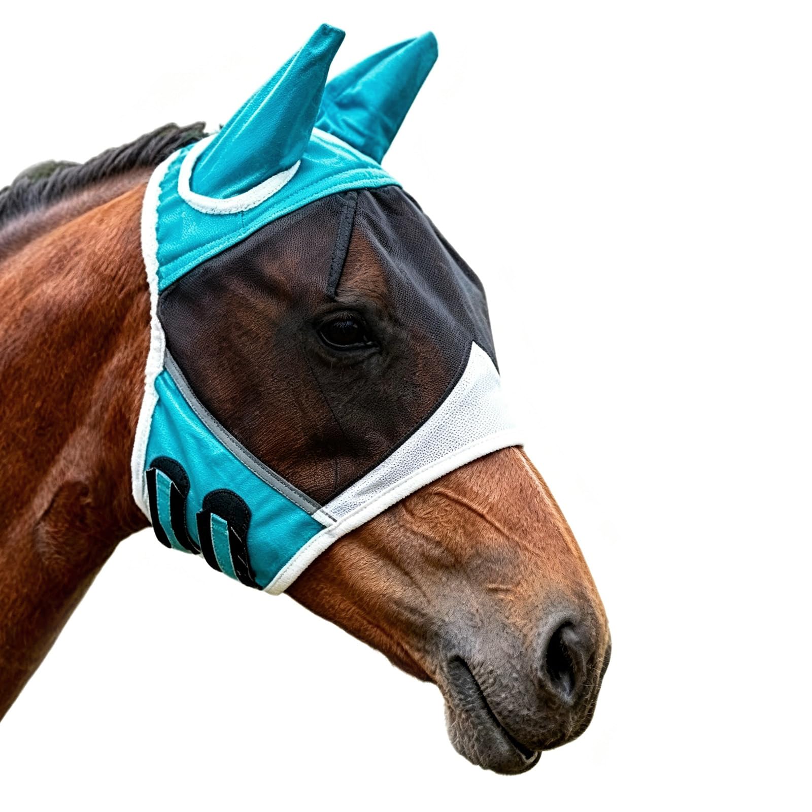 Blue fly mask for horses, UV protection fly mask for horses, comfortable and breathable fly mask, fly ear mask for horses (L)