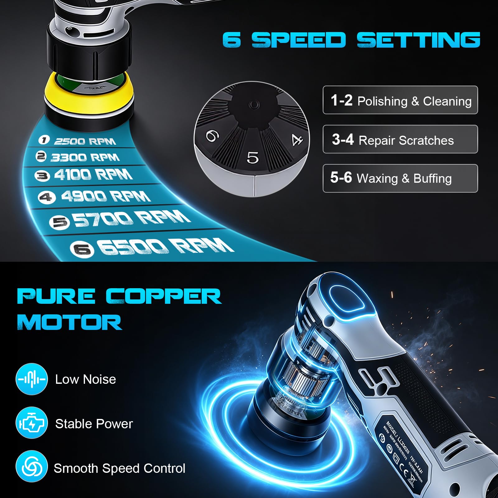 Pulidora inalámbrica, 6 velocidades 2500–6500 RPM, modo orbital 5/12mm y rotatorio, 2 baterías 12V, lijadora para coche para pulir, encerar y reparar rasgos