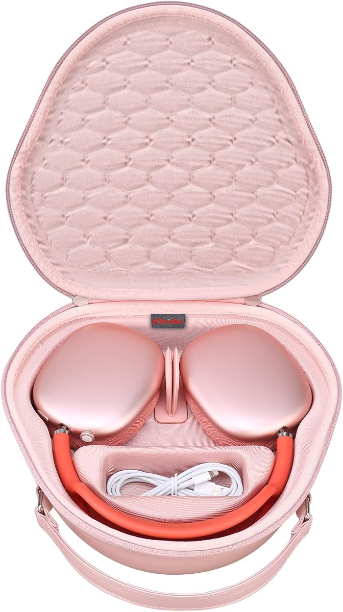 Elonbo Funda rígida de transporte para Apple AirPods Max auriculares inalámbricos supraaurales, funda AirPods Max, auriculares inalámbricos Bluetooth, soporte protector de viaje, bolsa de almacenamiento de auriculares, piel sintética rosa