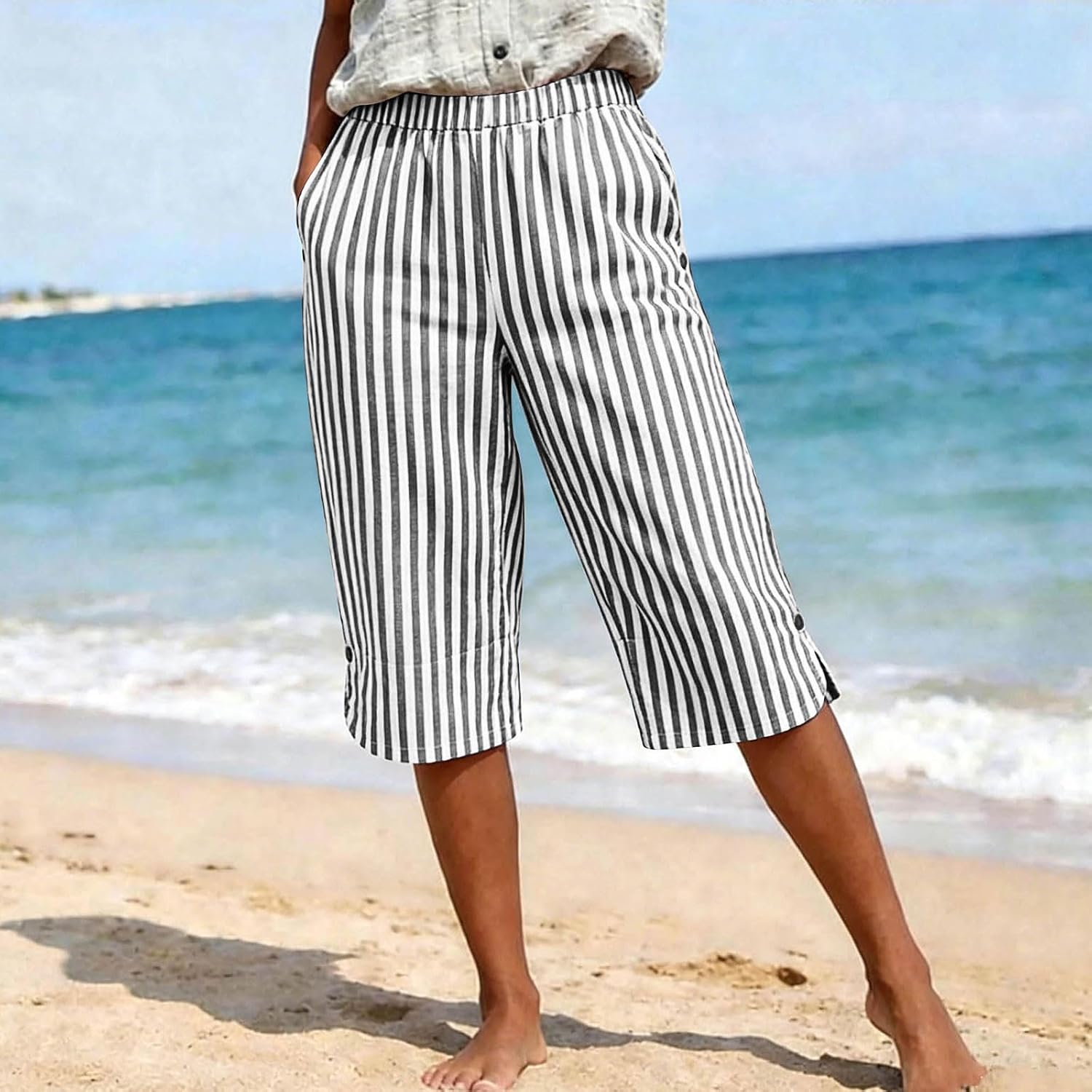 Striped Capris Pants for Women Lightweight Cropped Trousers Spring Summer Pants for Women Ladies Pinstripe Pant