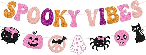 Miniatura 1 de Pancarta espeluznante de Halloween espeluznante, decoraciones espeluznantes, guirnalda hippie de Halloween, groovy, retro, fantasma, murciélagos,