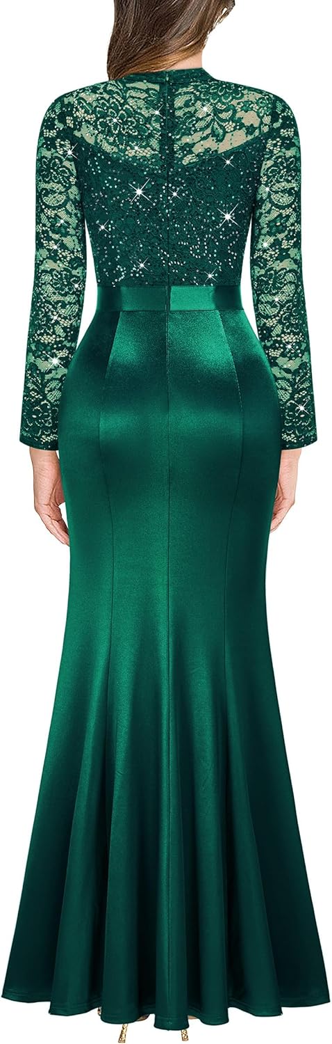 Miusol Women's Vintage Lace Contrast Satin Design Ruched Ruffle Formal Evening Maxi Dress - Image 2