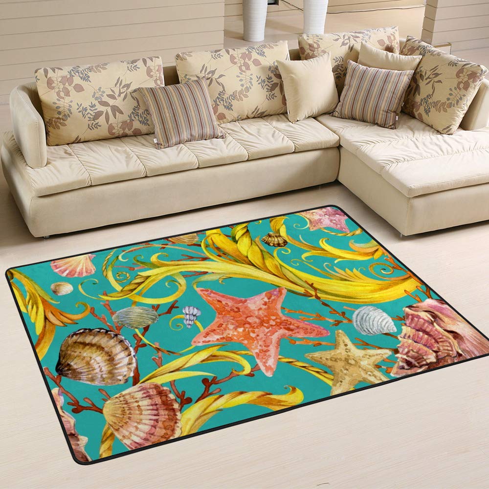 Tapis tropical bleu Ruchen en corail exotique pour chambre élégante