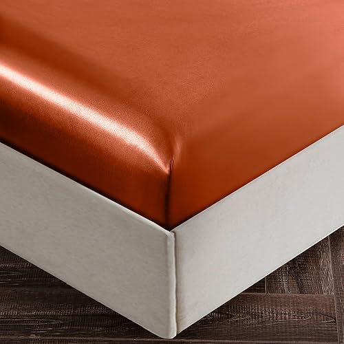 Miniatura 4 de SiinvdaBZX Juego de sábanas de satén de 4 piezas tamaño King, ultra sedosas, suaves, de satén naranja otoñal con bolsillo profundo, 1 sábana bajera,