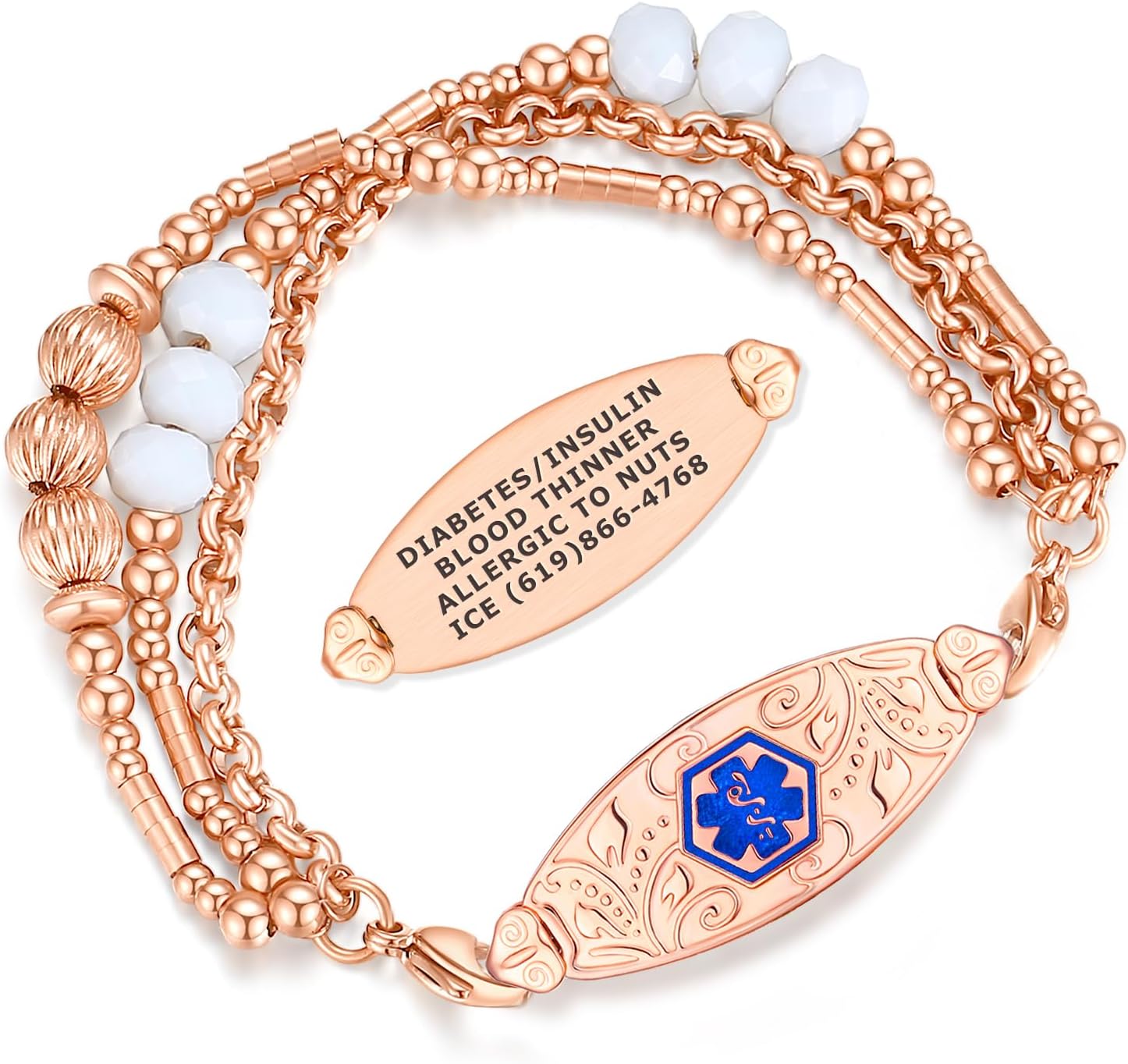 Divoti Medical Alert ID Bracelets for Women | Custom Engraved Filigree Design Bracelet | 304L Stainless Steel Lobster Claw & Tri Strand Beaded Pearl Chain| 4-lines Text with Caduceus Symbol