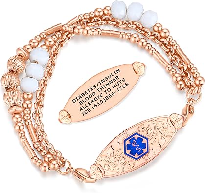Divoti Medical Alert ID Bracelets for Women | Custom Engraved Filigree Design Bracelet | 304L Stainless Steel Lobster Claw & Tri Strand Beaded Pearl Chain| 4-lines Text with Caduceus Symbol