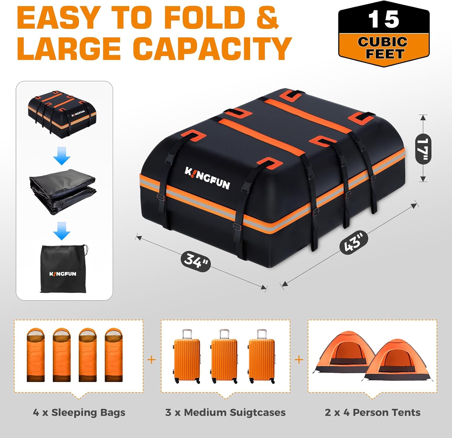 Kingfun Car Rooftop Cargo Carrier Bag, Waterproof 15 Cubic Feet Car Roof Luggage Carrier for All Vechicles with/Without Racks, Includes Anti-Slip Mat, 8 Reinforced Straps, 6 Door Hooks,Luggage Locks