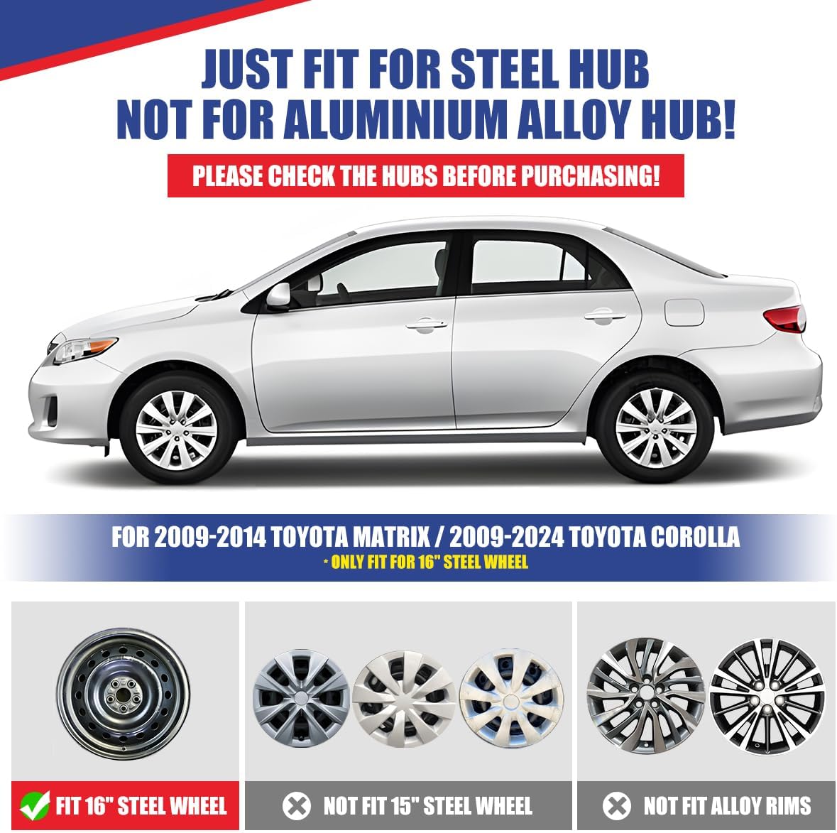 16" Black Matte Hubcap Wheel Covers-Set of 4,with Decorative Lug Nuts,Compatible with 2009-2026 Toyota Corolla, 23-26 Corolla Hybrid and 2009-2014 Toyota Matrix,16 Inch Black Matte