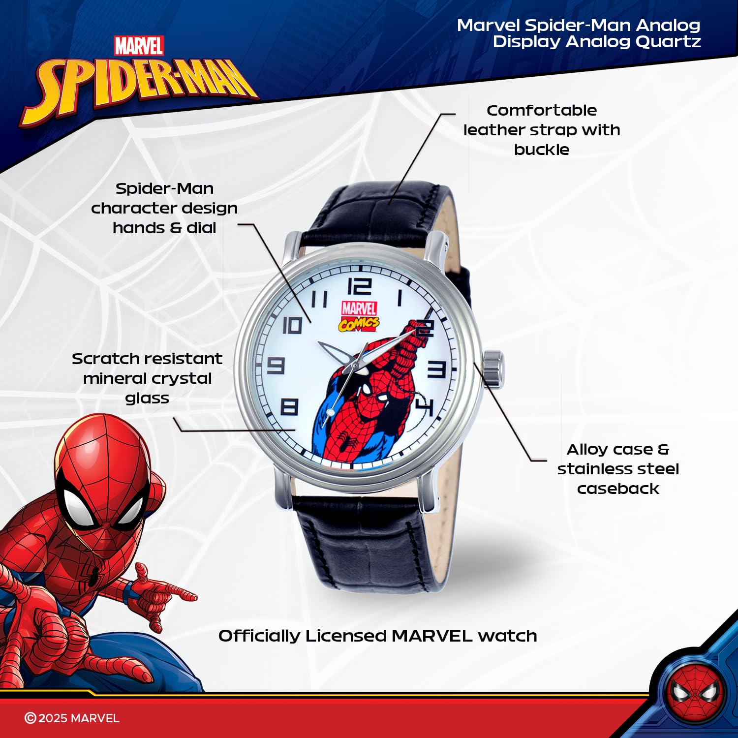 Marvel Spider-Man Adult Vintage Analog Quartz Watch, Black