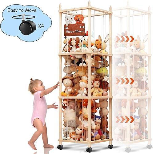 Miniatura 5 de Almacenamiento grande de animales de peluche con diseño de gato y perro, zoológico de animales de peluche de madera, soporte rodante para animales