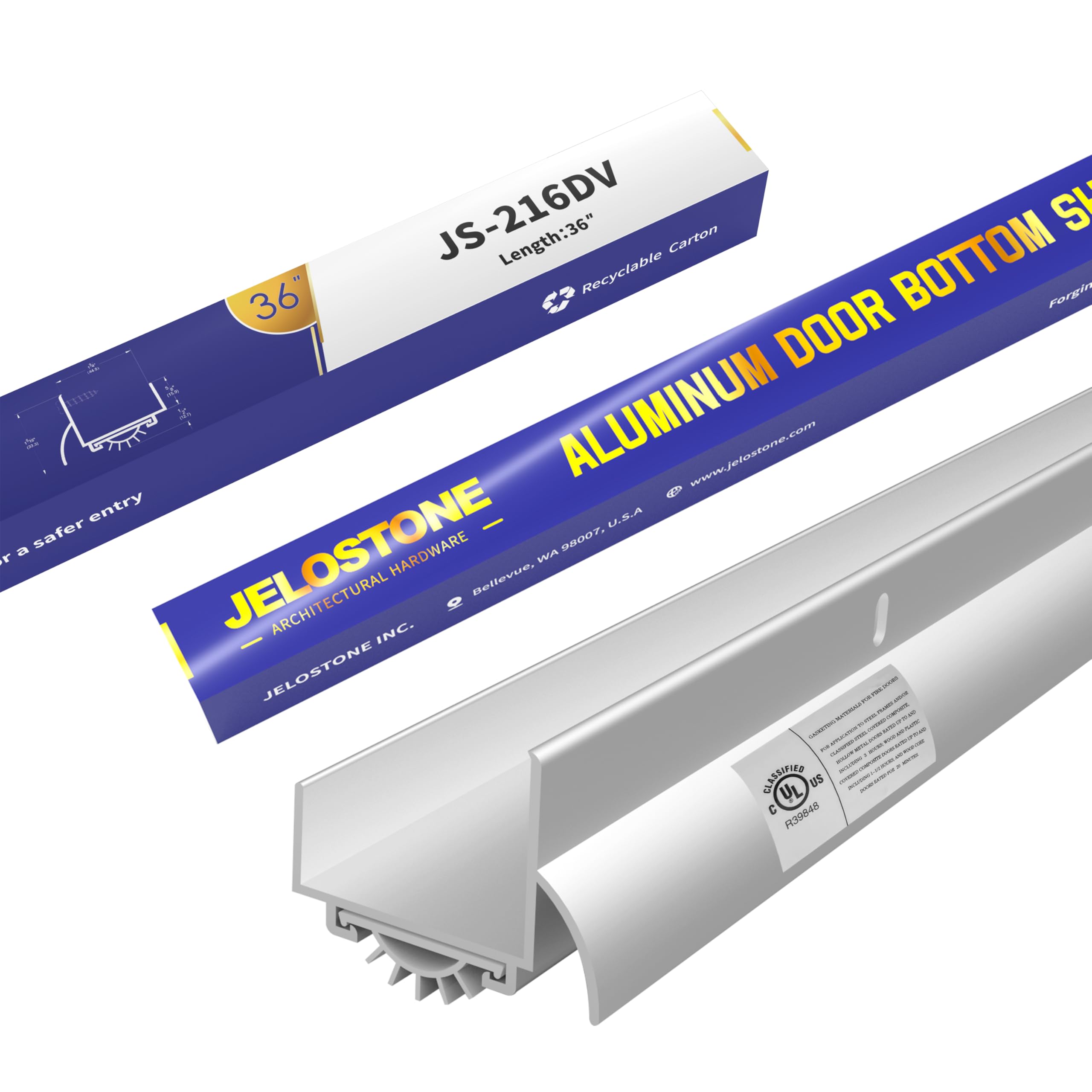 JELOSTONE U-Shaped Aluminum Door Bottom Shoes with Drip Cap(Mill Aluminum) - Fire Rated - 1-3/4"W x 1-5/16"H x 36" L Weather Stripping Seal for