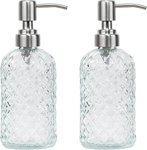 Dispensador de jabón de vidrio con patrón de diamante de 16 onzas, dispensador de jabón recargable para cocina y baño, con bomba de acero inoxidable
