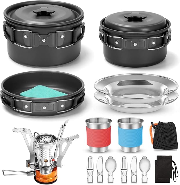 Odoland Camping Cookware Kit with Folding Camping Stove, Non-Stick Lightweight Pots Pan Set with Stainless Steel Cups Plates Forks Spoons for Camping, Outdoor Cooking and Picnic