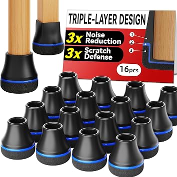 Chair Leg Floor Protectors for Hardwood Floors, Triple-Layer Design Silicone Chair Leg Caps, 3X Noise Reduction & 3X Anti-Scratch, Premium Durable Protectors for Dining Chairs 16pcs Fit 0.6"-0.75"