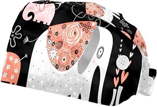 2 Pieces Working Hat with Buttons Adjustable Sweatband Bouffant Hats Unisex Tie Back Hats Boho Elephant Floral Print