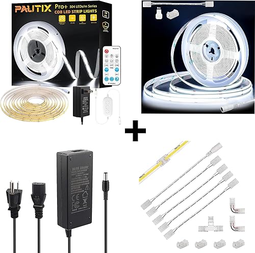 PAUTIX - Tira de luz LED COB de 6000 K, 24 pies, regulable, 24 V, luz diurna, kit de luz de cinta de alto lúmenes con control remoto RF de 24 V/2 A,