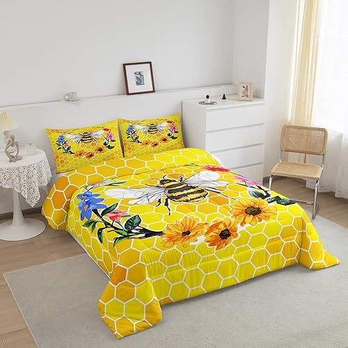 Miniatura 2 de Erosebridal Kawaii Bee - Juego de ropa de cama King con flores y flores, para niñas y niños, con relleno de edredón geométrico de panal de abeja