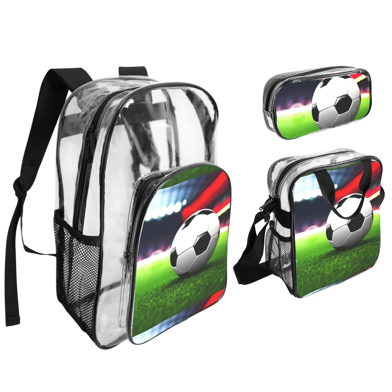 Juego de bolsas transparentes de 3 piezas con estampado de balón deportivo de fútbol para niños, bolsa transparente con bolsa de almuerzo aislada incluida