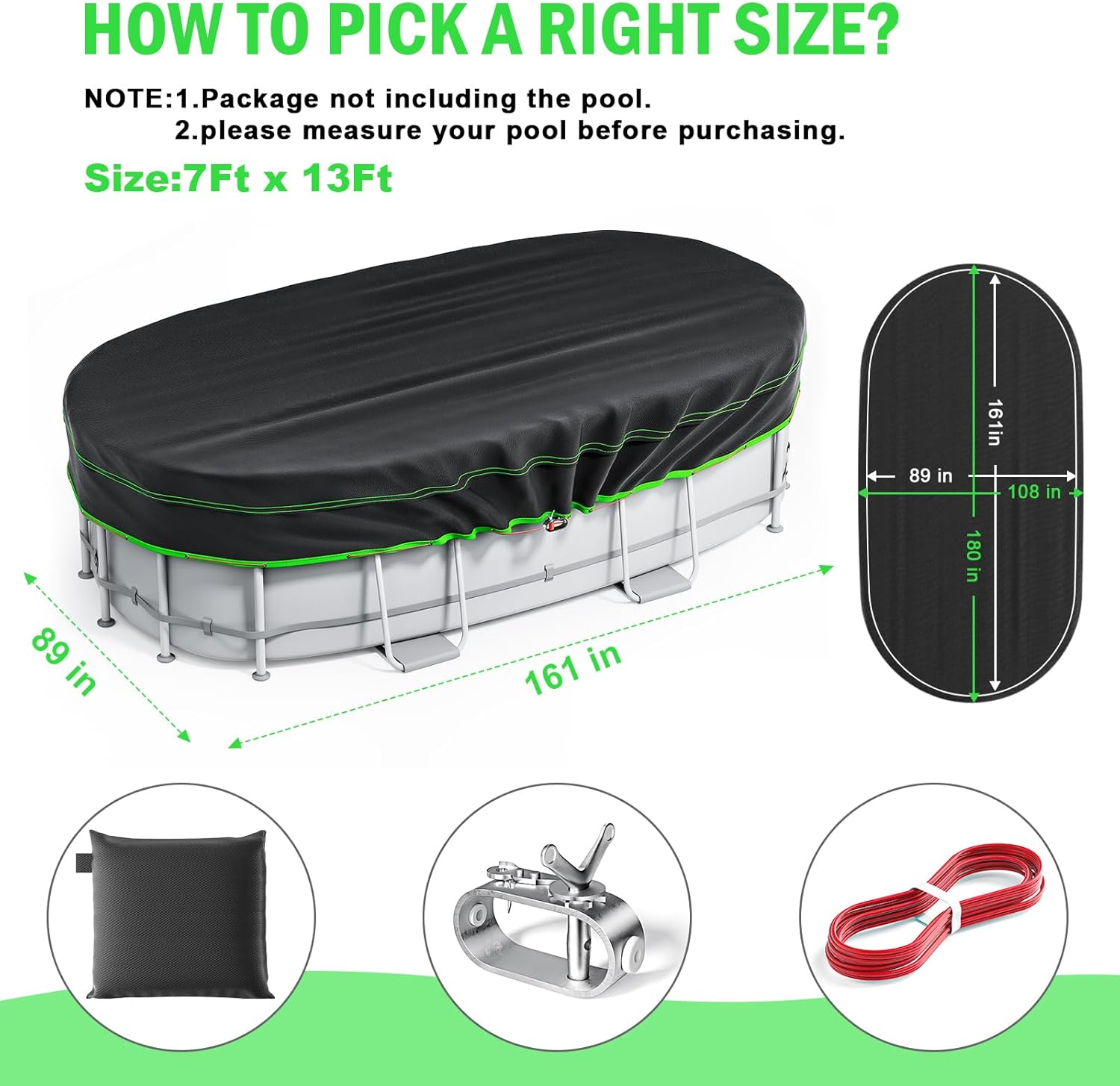 7x13 Ft Oval Pool Cover - Heavy Duty Solar Rectangular Pool Cover Protector, Waterproof & Tear-Resistant with Winch & Cable, Ideal for Winter & Dustproof Use
