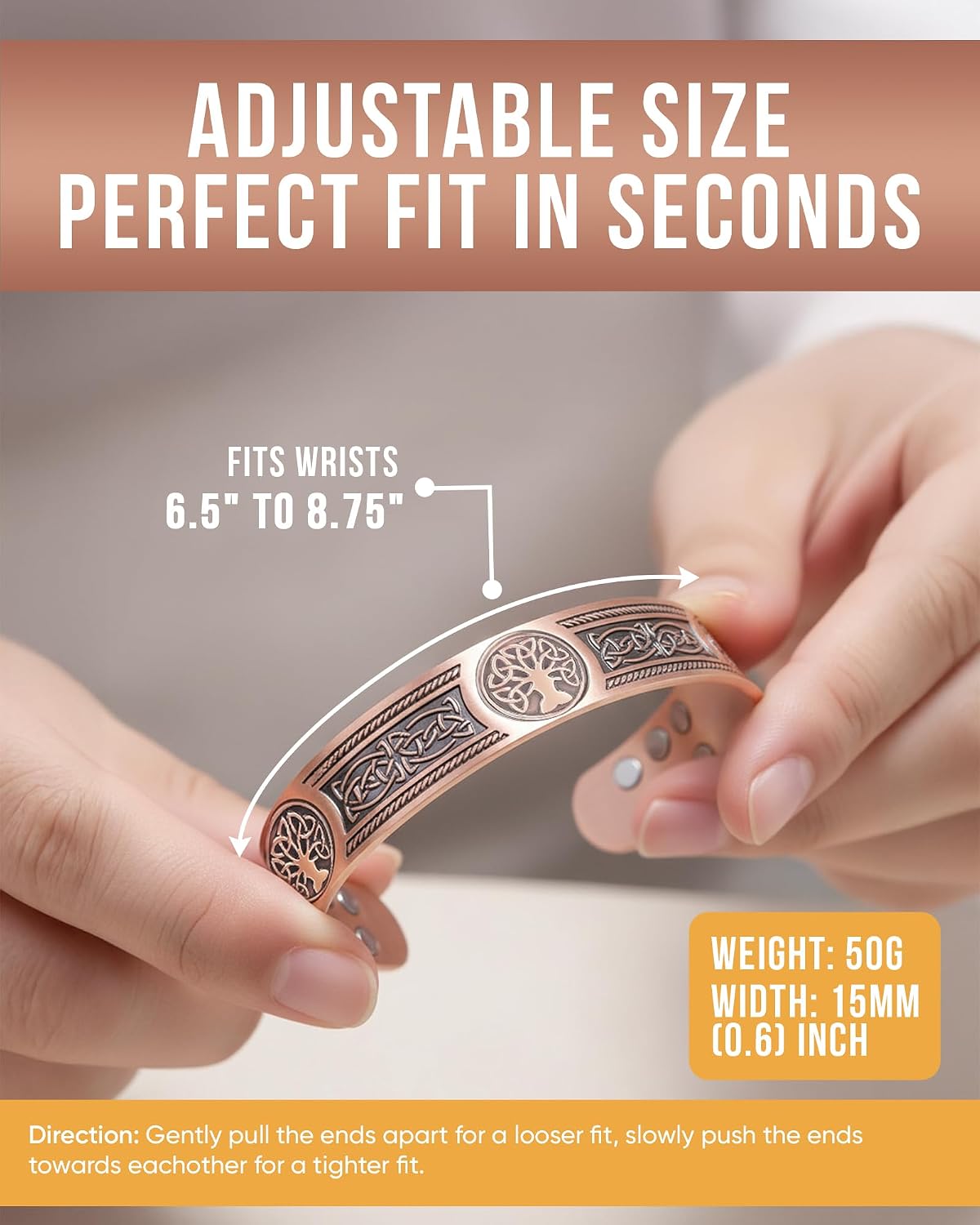 Copper Bracelet Cuff for Men Women, Ultra Strength Magnetic Bracelet with 3,800 Gauss Magnets, 99.99% Pure Solid Copper Jewelry Gift, Includes Gift Box, Jewelry Cloth, Blank Blessing Card
