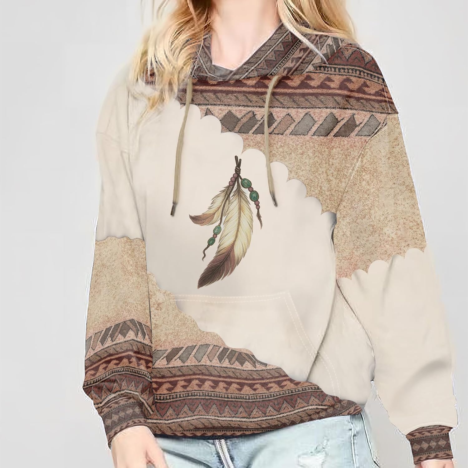 Lanaoree Women's Geometric Horse Print Aztec Hoodie Pullover Cowgirl Western Hooded Sweatshirt S-2XL